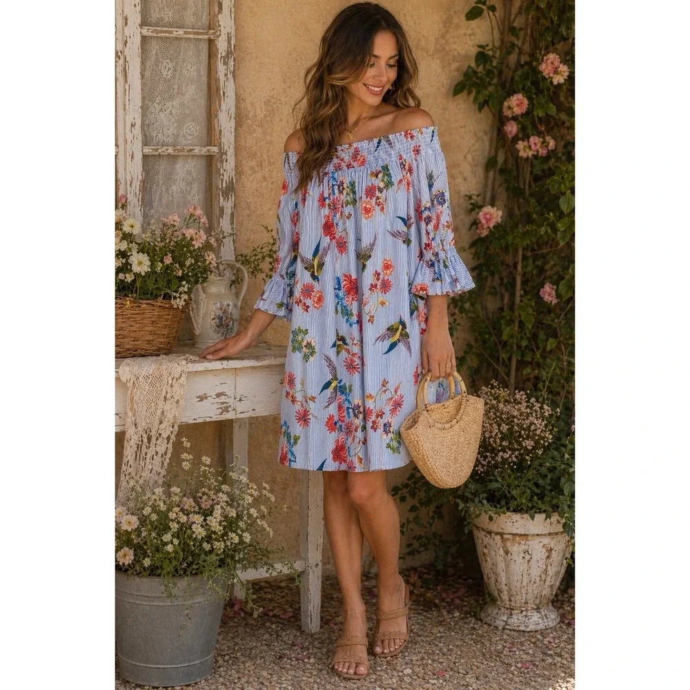 Soprano Off Shoulder Floral Bird Stripe Dress Bell Sleeve Smocked Boho M Romance